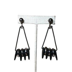 Vtg Earrings Modernist Black Triangles Silver Tone Disks 2" Dangle Drop Studs